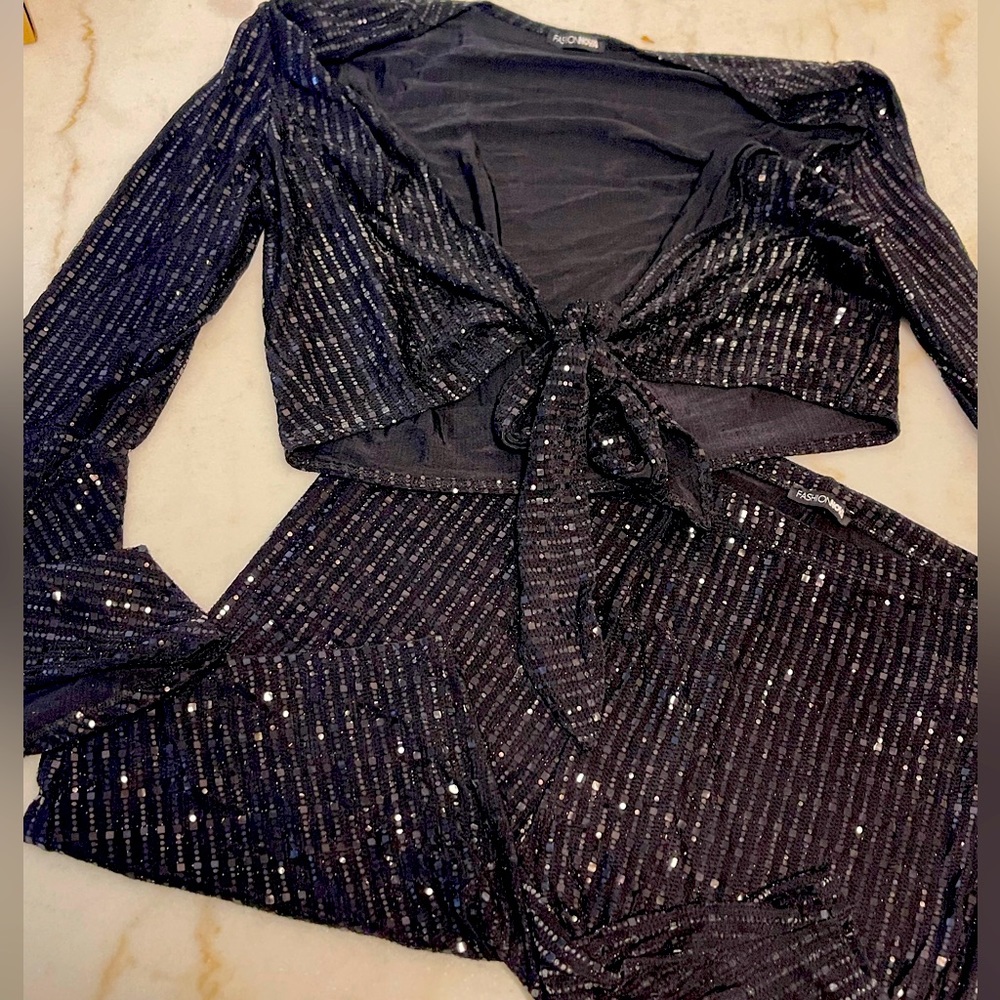 Black Sequins Matching Shorts Set